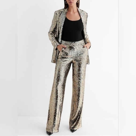 Express Sequined Metallic High Waist Wide Leg Trousers w Pockets - Picture 12 of 17